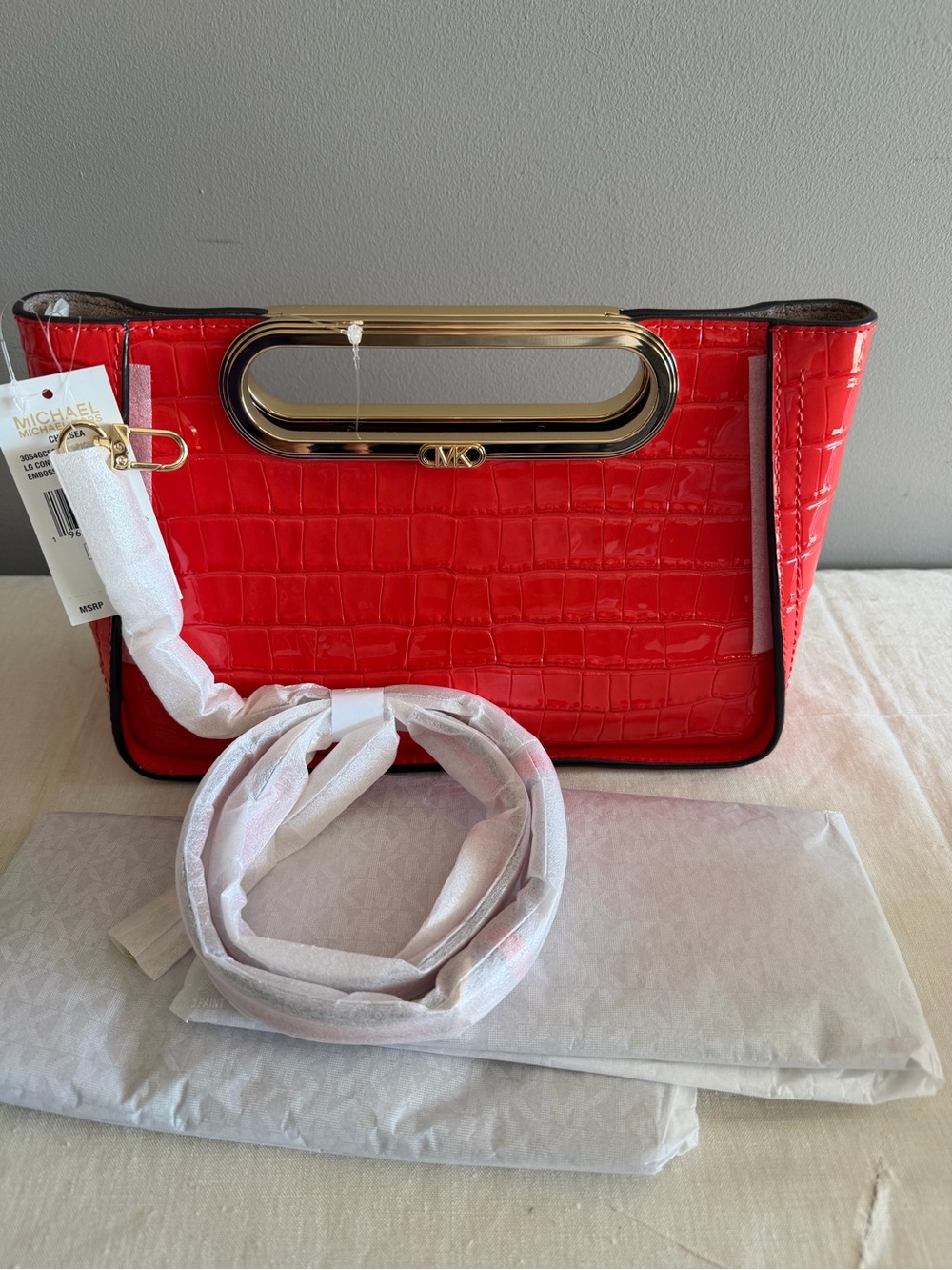 Michael Kors Red Croc-Embossed Leather Shoulder Bag with Gold Handle